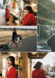 A collage of photos of a woman in a red coat talking on a cell phone.