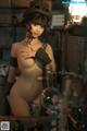 A naked woman in a steampunk outfit posing for the camera.