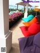 A group of colorful bean bags sitting on top of a patio.