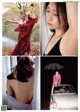 A collage of photos of a woman in a red dress holding an umbrella.