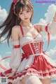 a woman in a red and white dress on the beach